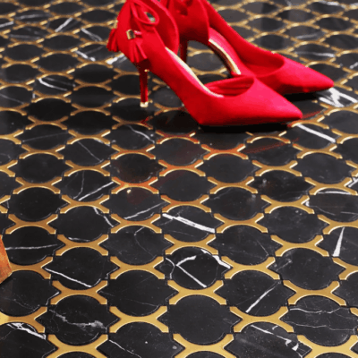 Black Marble and Gold Stainless Steel Arabesque Mosaic Tiles